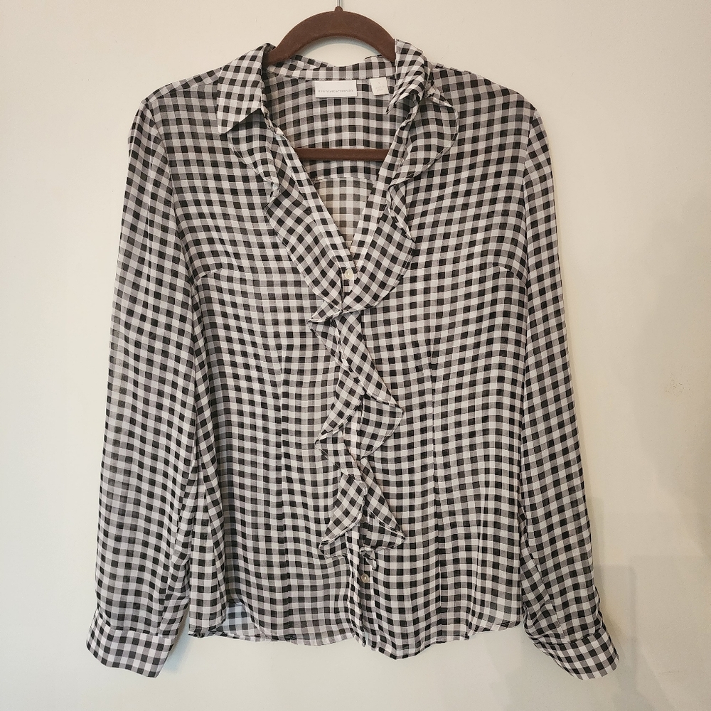 New York & Company size small, plaid button up sheer blouse.